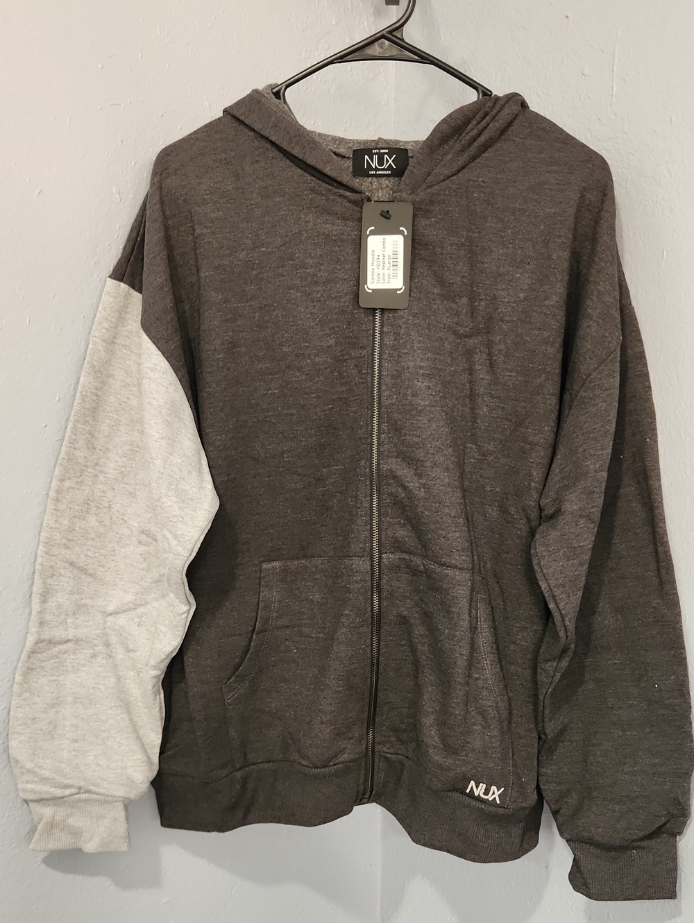 NUX Womens Two-Tone Charcoal and Light Gray Zip Hoodie